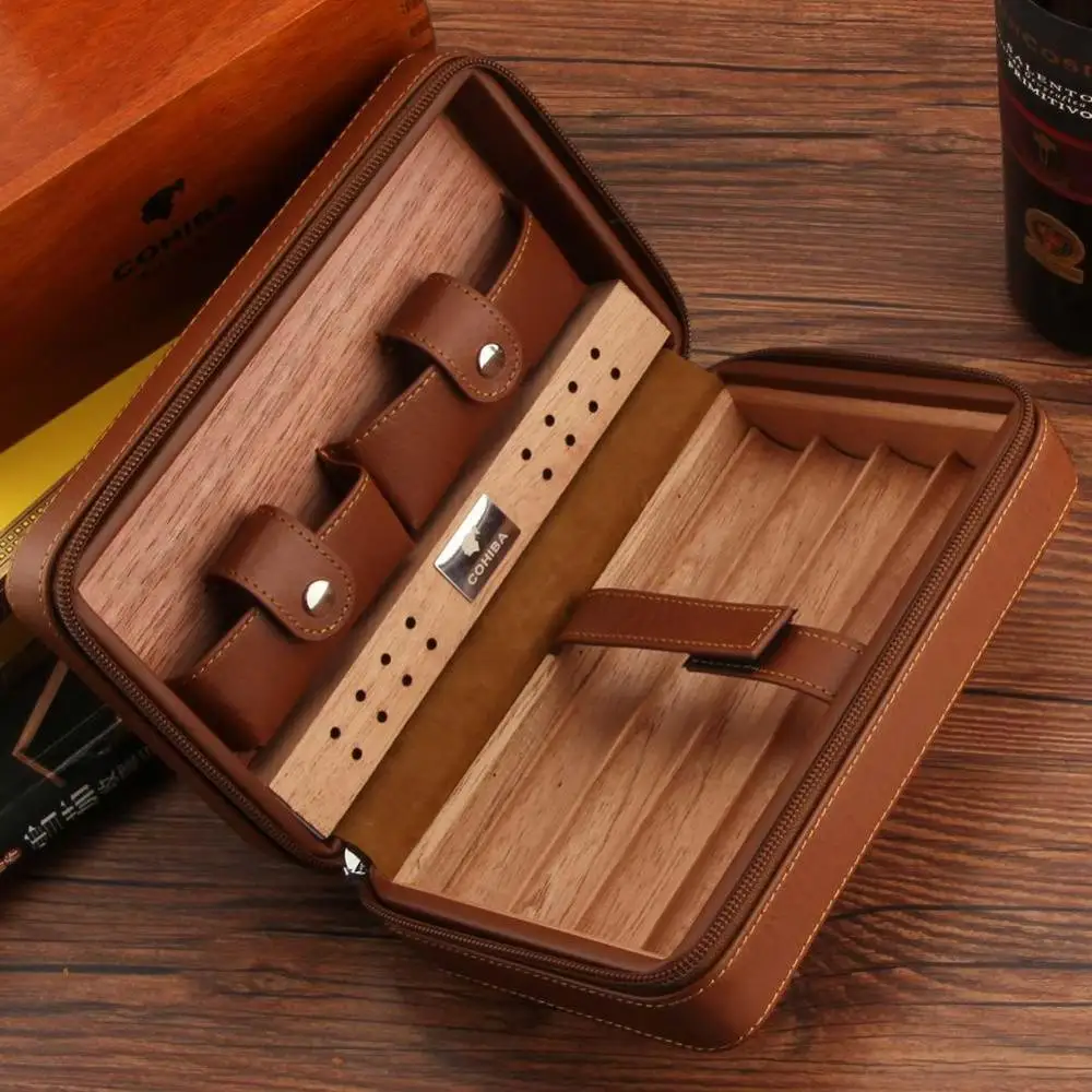 Portable Cedar Wood Cigar Humidor Box Travel Leather Wrap Cigar Case Storage 4 Cigars Box Humidor Humidifier for Sigar