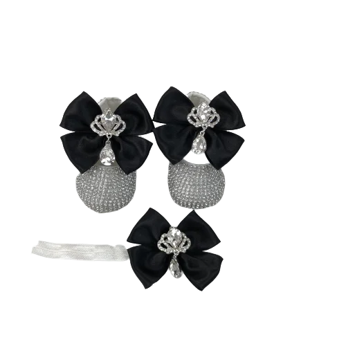 Wholesale Custom Modern High Quality Newborn New Design Black Silver Shiny Shoes And Hair Band Girl Girls Babies Baby Gift
