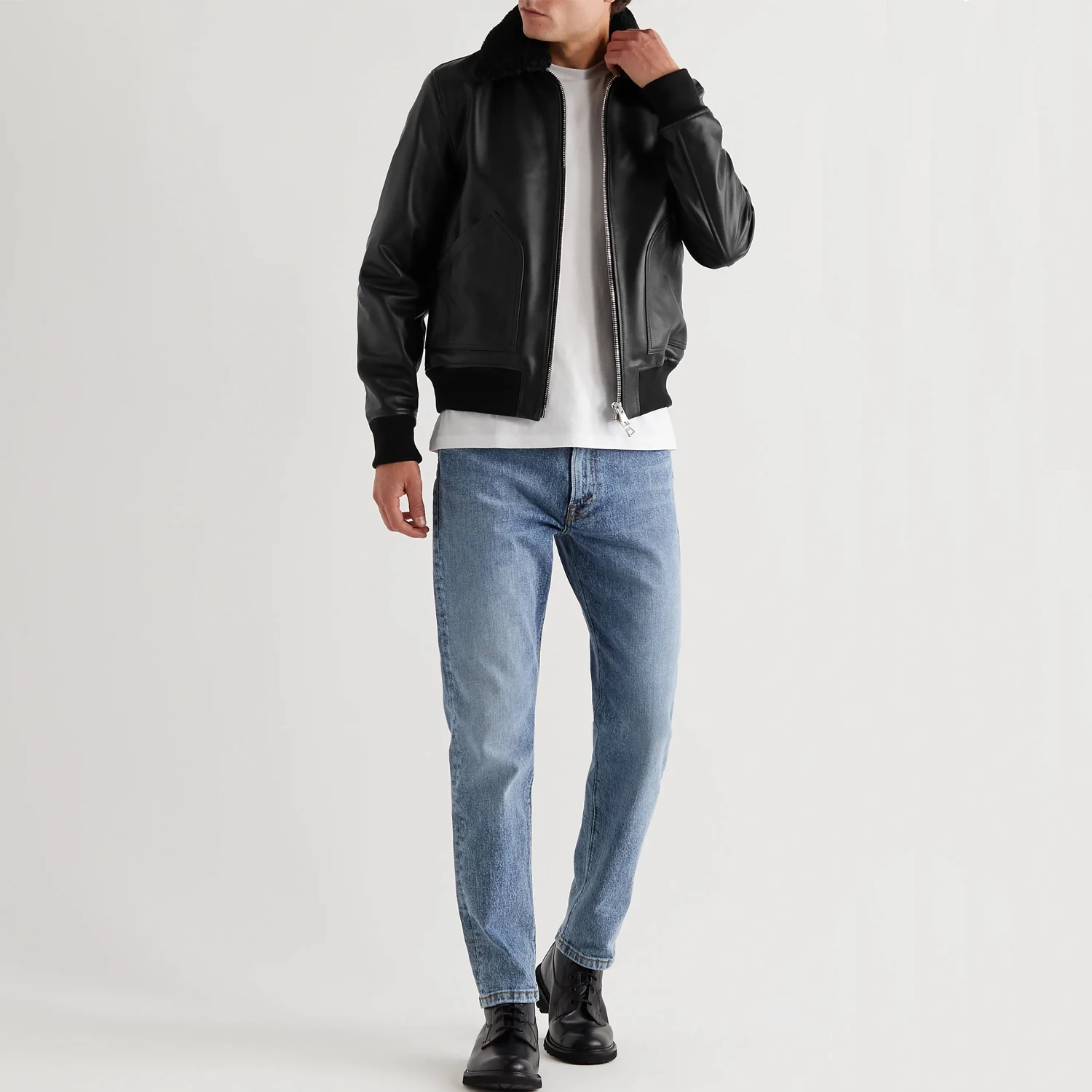 Куртка Премиум-Качества оригинальная зимняя мужская кожаная куртка-бомбер с воротником и овчиной