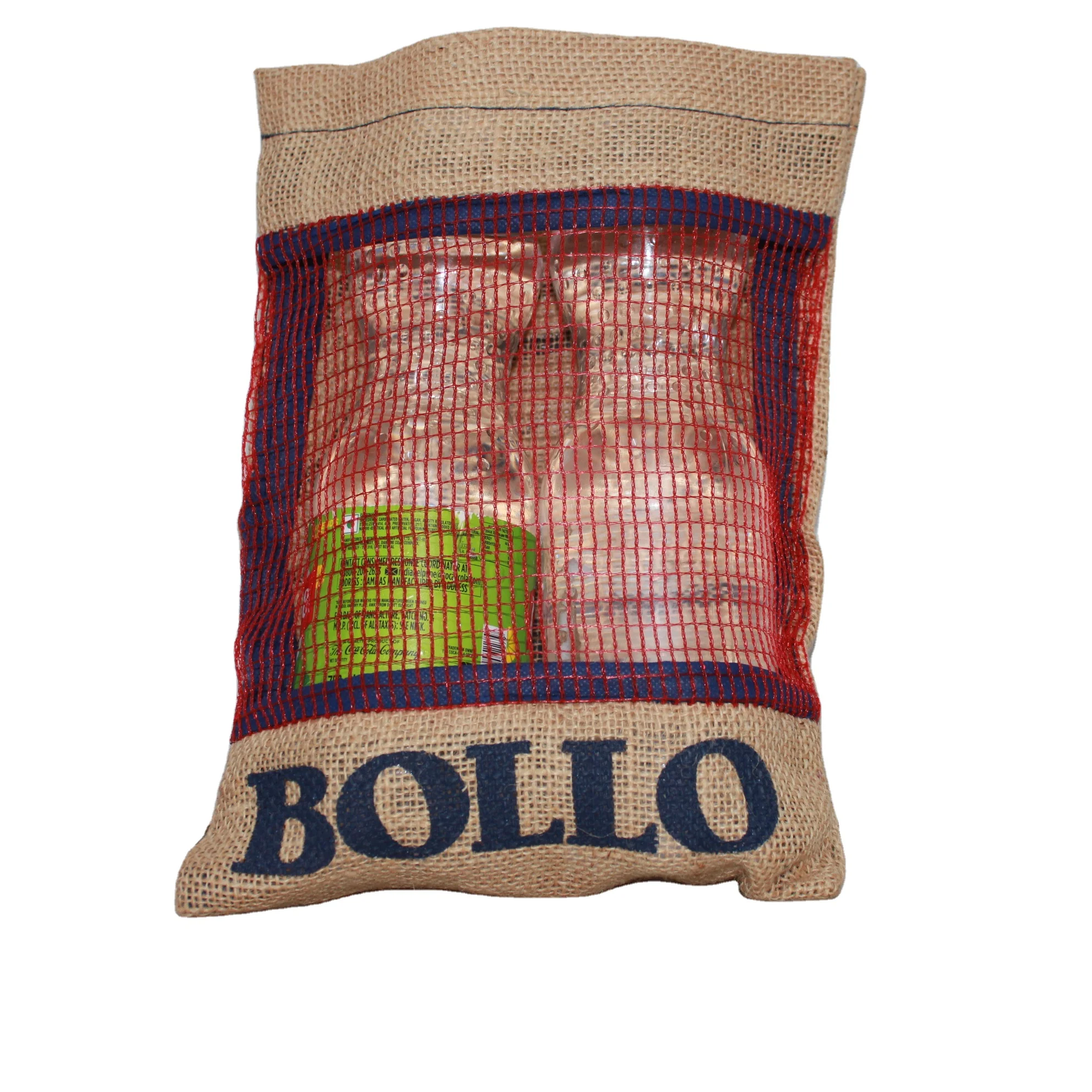 environmental natural drawstring jute bag with net in front