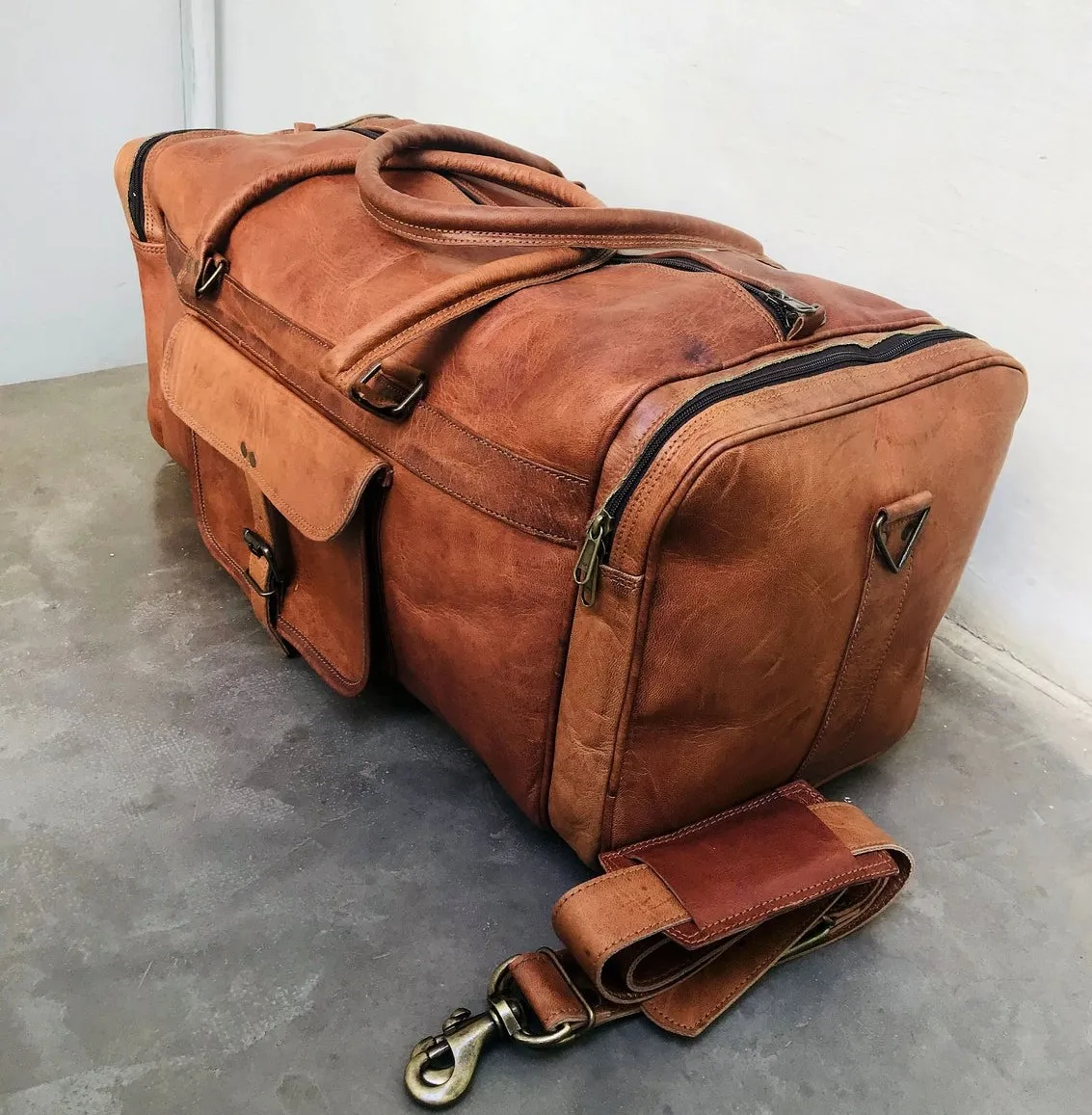 Personalized Handmade Goat Square Leather Duffel Bag, Travel, Weekender, Gym Bag