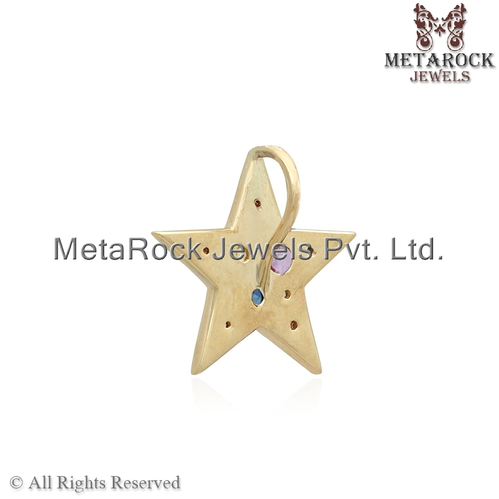 Multi Sapphire Gemstone Solid 14k Gold Handmade Star Charm 18MM Pendant Unisex Jewelry Charm For Bracelet, Necklace
