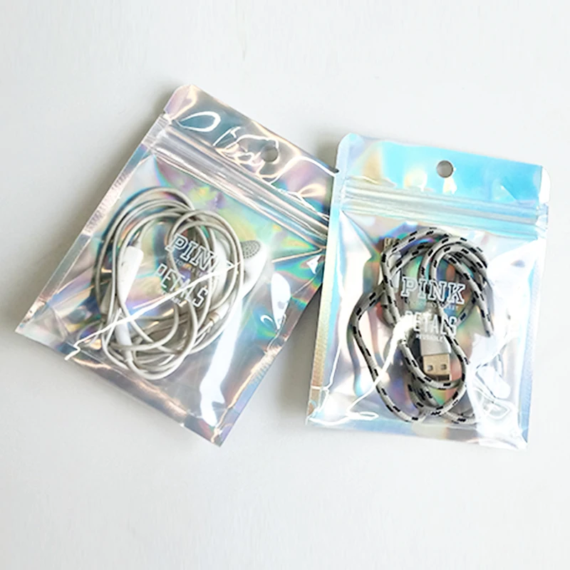 Упаковка для ювелирных изделий на заказ с логотипом, сумка для висячих сережек, пакет из полиэстера, голографический прозрачный стоячий мешок с передним дисплеем