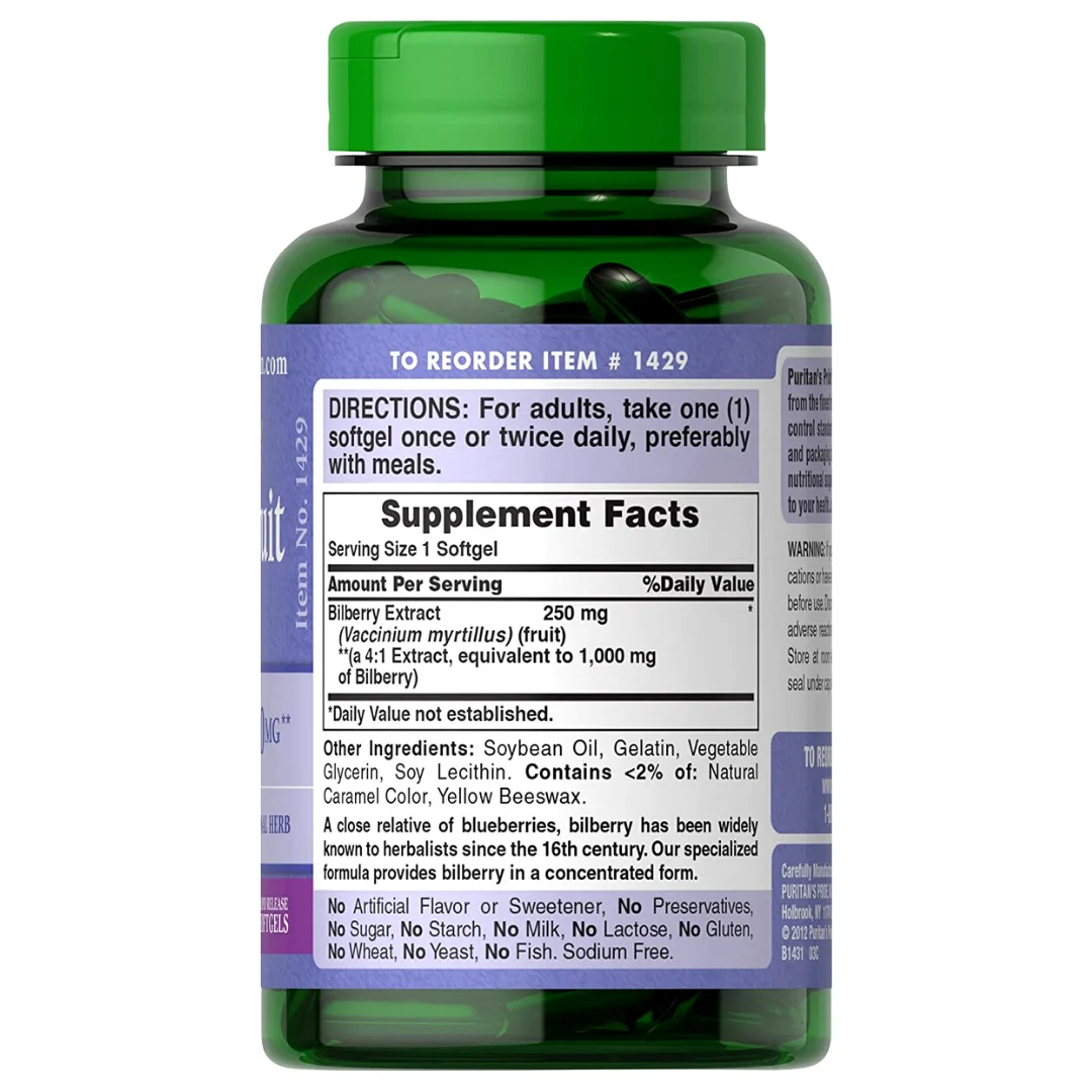 Wholesale Puritans Pride Bilberry 1000 mg180 Softgels Antioxidant Flavonoids USA Made International Supplements Distributor
