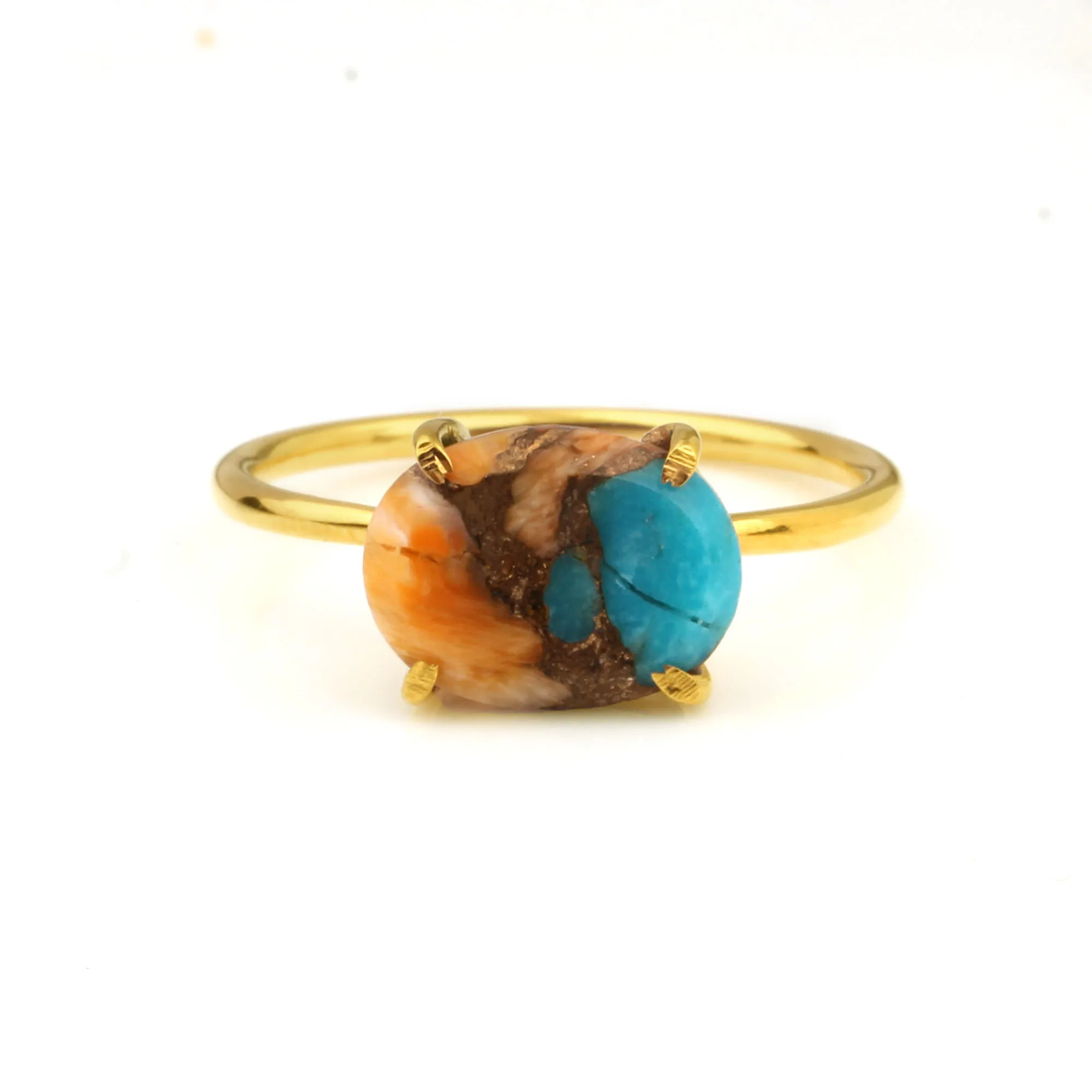 Summer Hot Selling 10x14mm Kingman Spiny Oyster Turquoise 18k Gold Plated Sterling Silver Dainty Oval Prong Setting Ring For Her