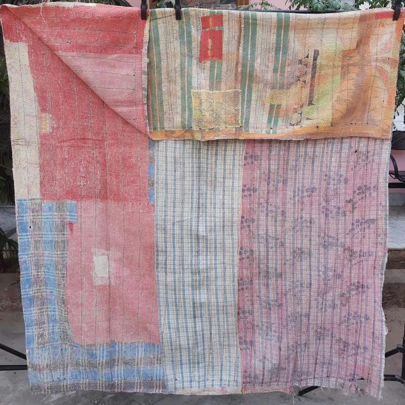 Hand Woven Traditional Kantha Quilt, Colorful Patch Work Embroidered Kantha Quilt Blanket Throw Bedspread With Flower Border