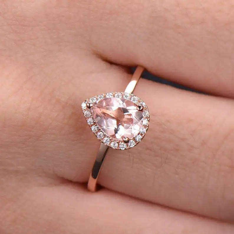 Pear Cut Morganite Engagement Ring 6 x 8 mm Rose Gold Plated Plain Band Minimalist 925 Sterling Silver Bridal