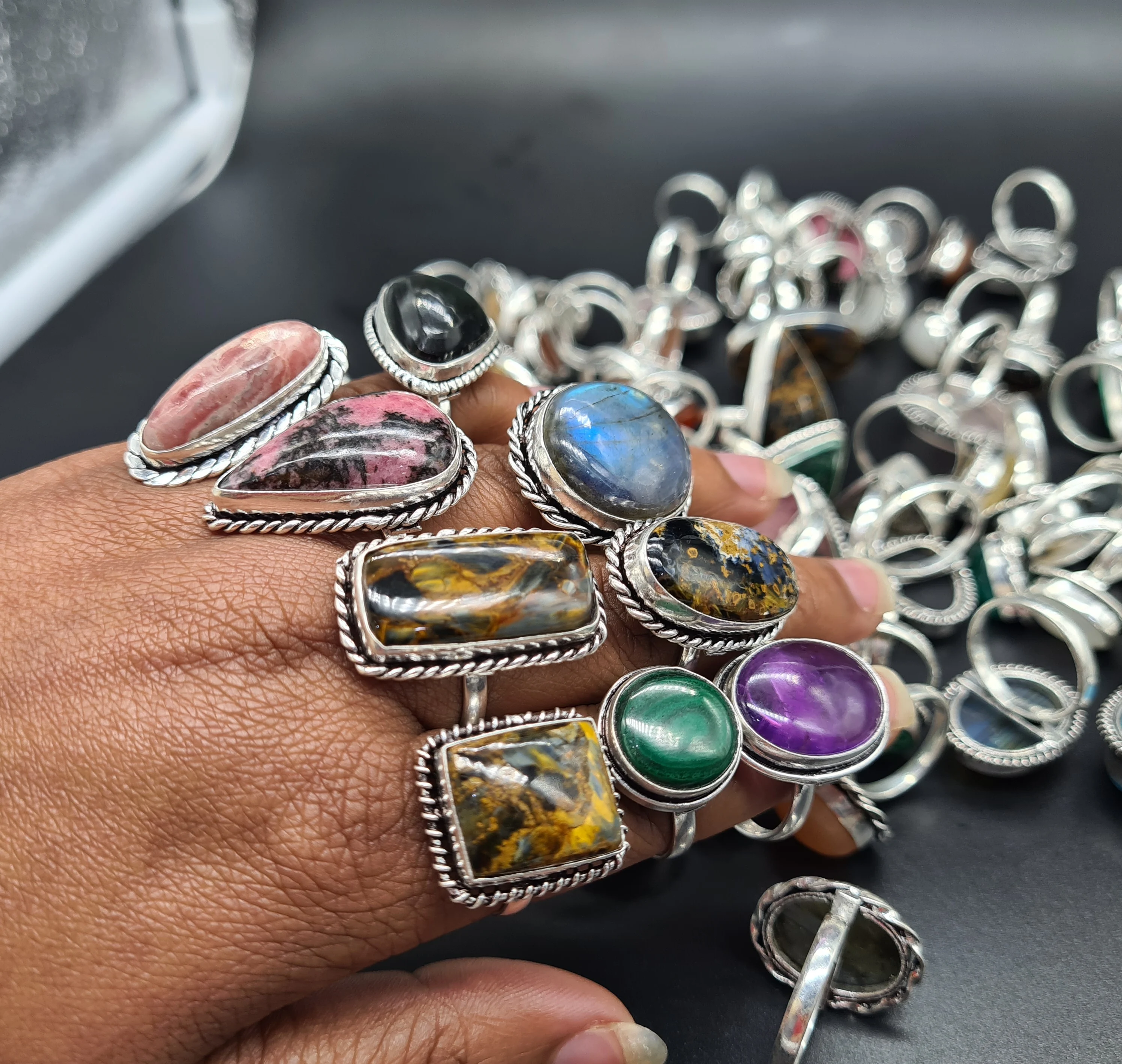 10 шт., высококачественные 100% натуральные кольца с серебряным камнем, ювелирные 925, кольца ручной работы, натуральный Овальный винт унисекс