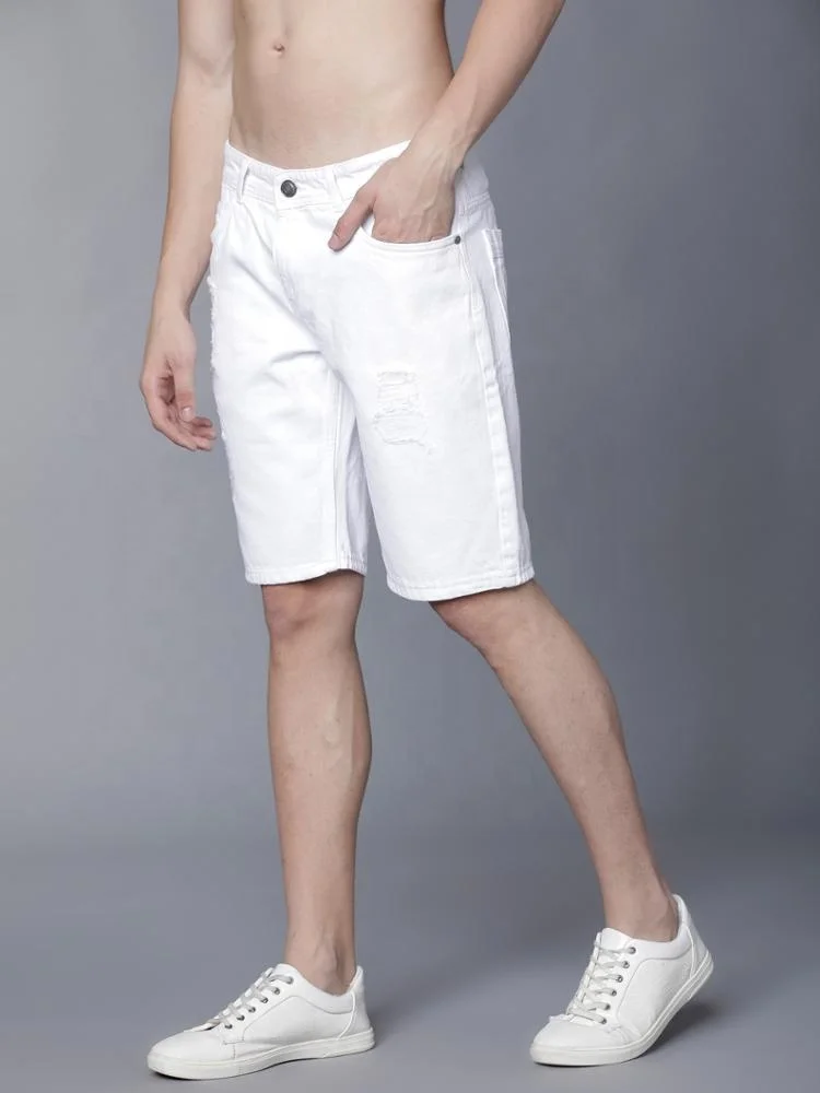 Two Deep Side Hem Pockets summer ripped white denim shorts for men jeans