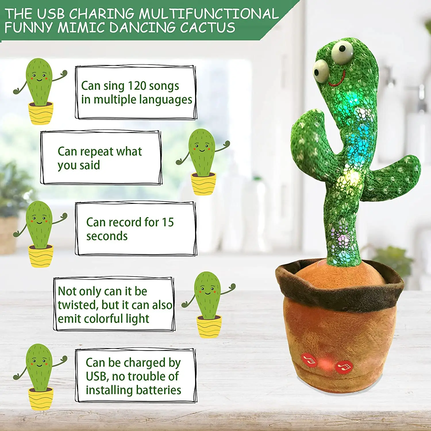 Cute Stuffed Flowerpot Twisting Cactus Toy Doll Children Kids Gift Talking Singing Music Dancing