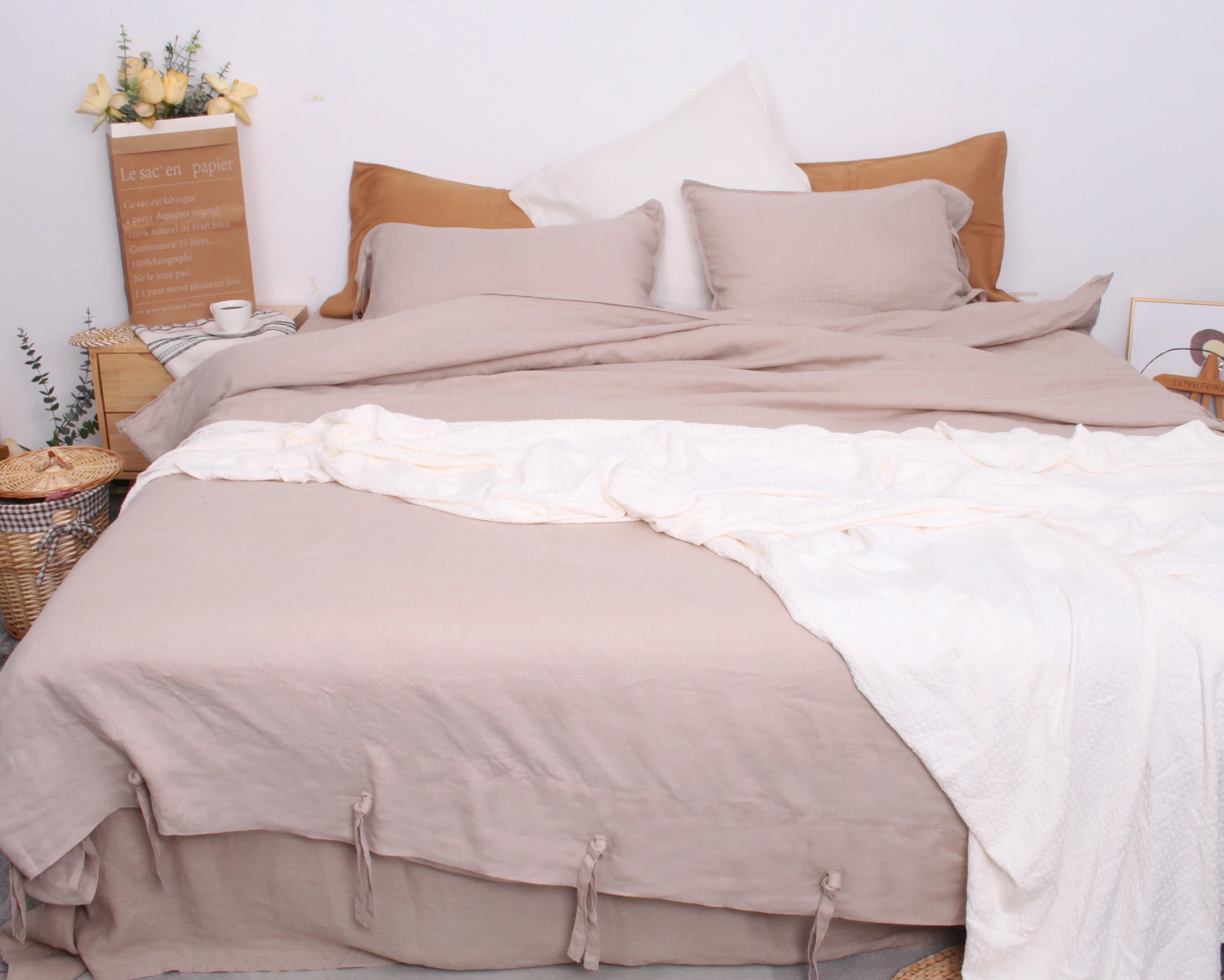 Washed linen bedding flax linen duvet set with ties closure