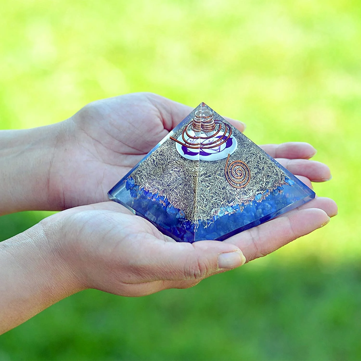 Orgone Pyramid Energy Generator Third Eye Chakra Symbol Orgonite Lapis Lazuli Crystal Pyramid with Brass Metal
