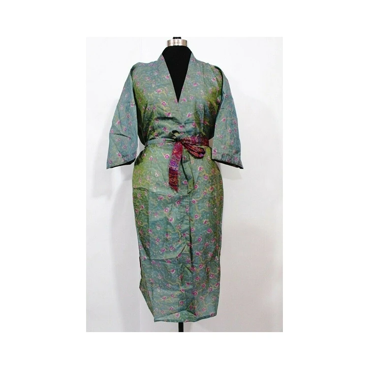 High Quality Silk Sari Kimono Vintage Robe Knee Length Handmade Bohemian Printed Night Wear Gown Maxi Dress Women Kimono Robe