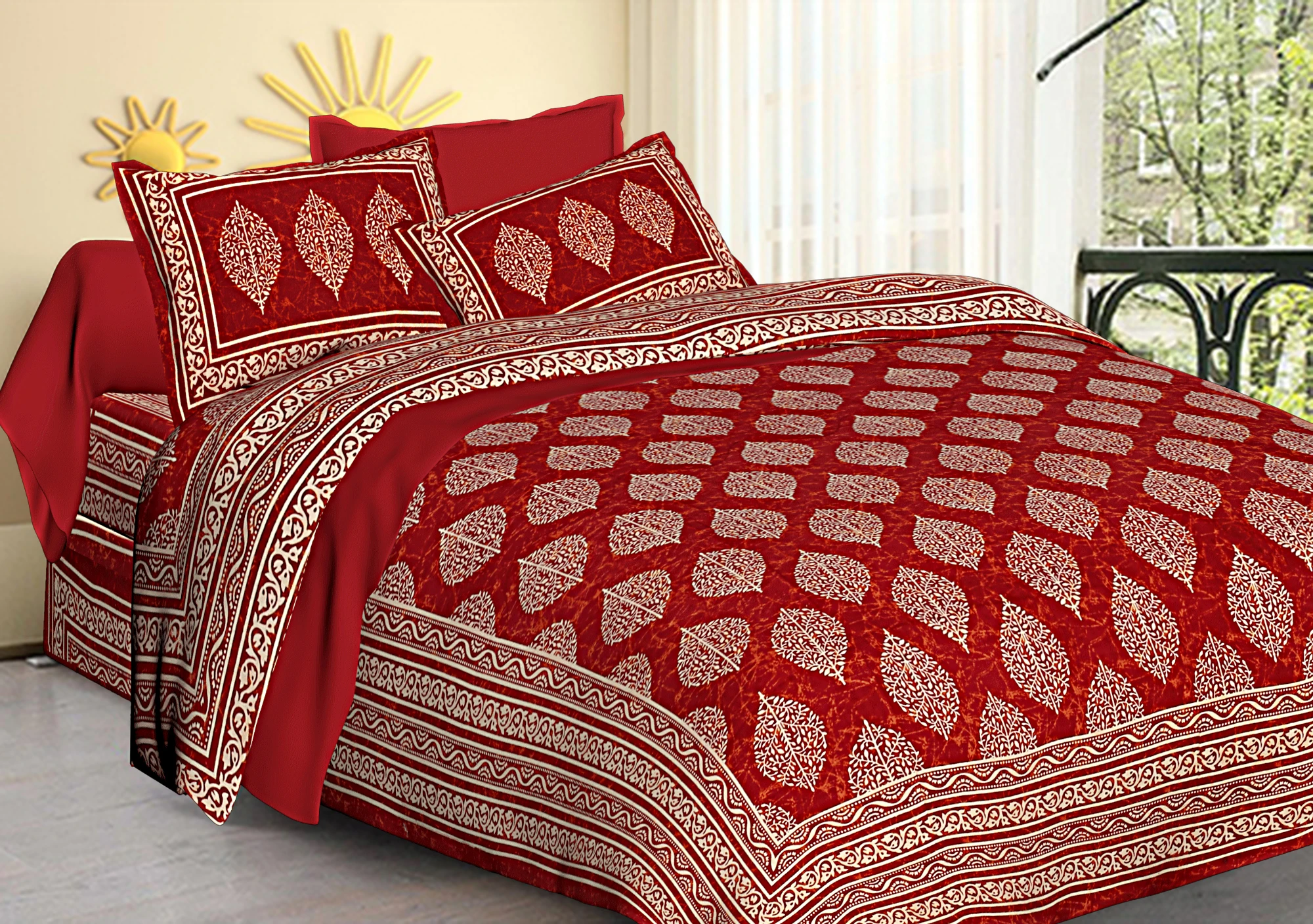 Bedspread Cotton Fabric Handmade King Size Bedsheet Red Color Beautiful Royal Look Multiple Color