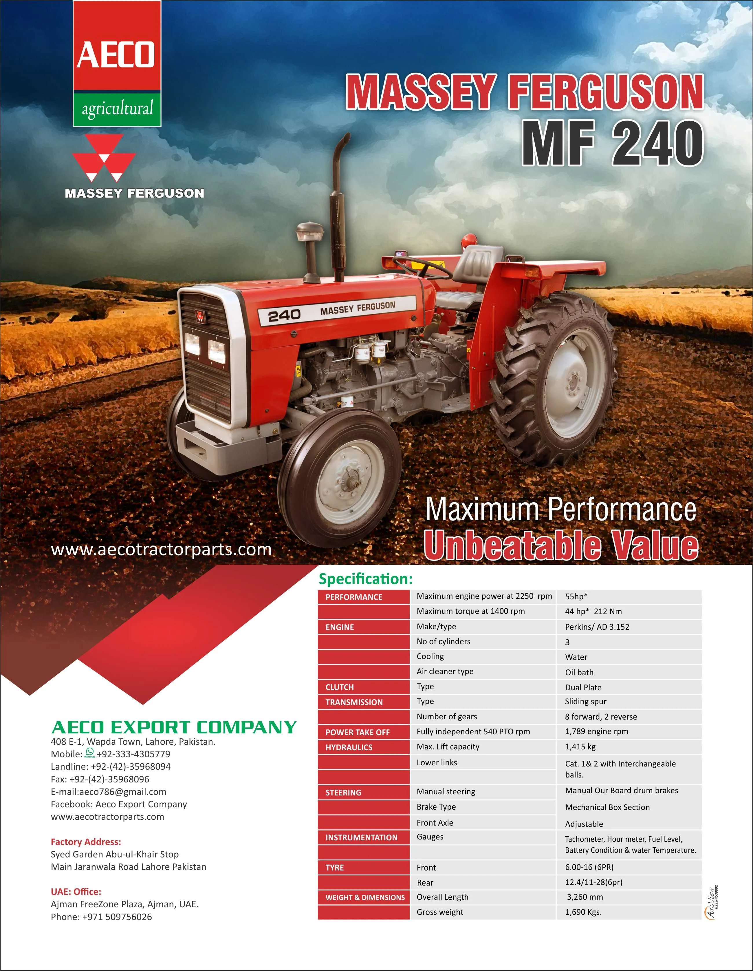 50 HP 2 Wheel Drive Massey Ferguson 240 Tractor For Sale in Brand New Condition with Perkins Engine and Cheap Tractor Price
