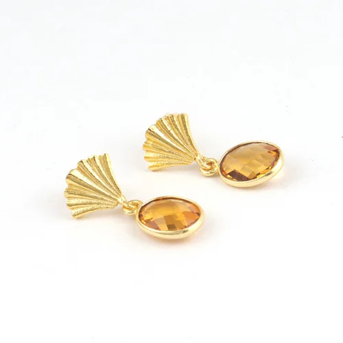 Good selling oval shape citrine quartz crown drop stud earrings brass gold plated party style bezel setting statement earrings