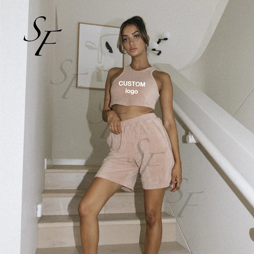 Wholesale Custom terry toweling summer comfy sleeveless crop vest matching terry towel short beach set