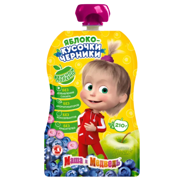 High Quality Food For 5 Months Baby Masha and the Bear Puree With Apple Blueberry pieces210G Pouch Packing