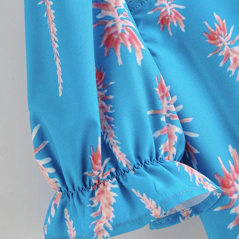 Summer Square Neck Blue Color Floral Print Crop Tops + Wide leg Trousers Sets Women Clothing Set