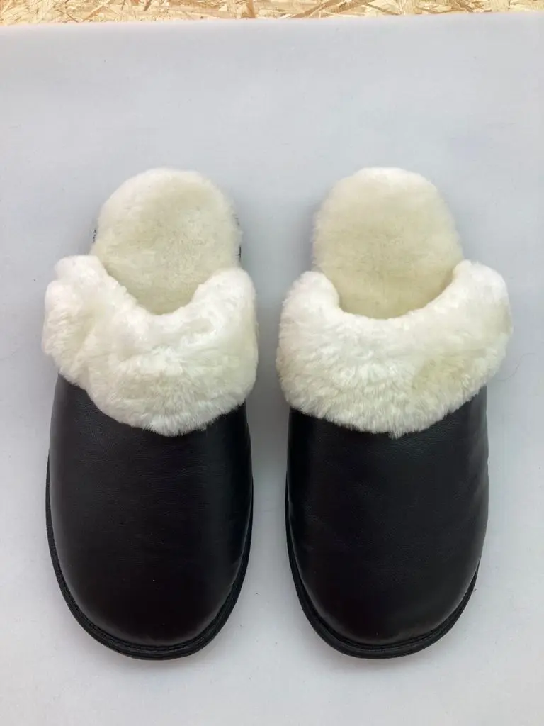 Indoor Slippers EVA OutsolIndoor Slippers EVA Outsole Natural Leather Natural Leather 100% Black Slippers For Home Outdoor