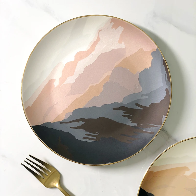 Luxury restaurant stoneware ceramic plates dishes 8inch gold rim mate porcelain dish