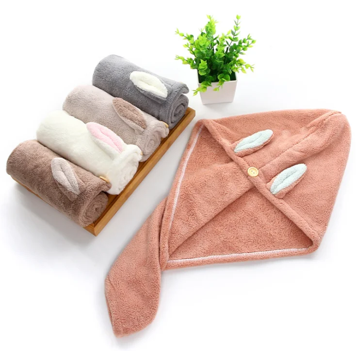 cute water absorption microfiber turban hair towel after shampoo for drying hair with button
