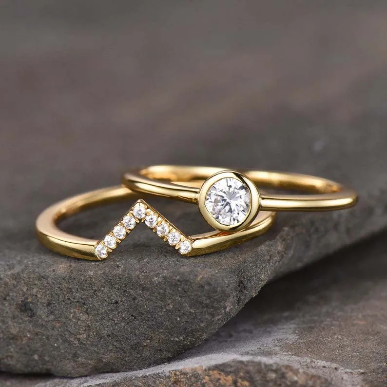 925 Sterling Silver Ring Set Minimalist Wedding Band Dainty Diamond Simulant Bridal Yellow Gold Plated Handmade Jewelry