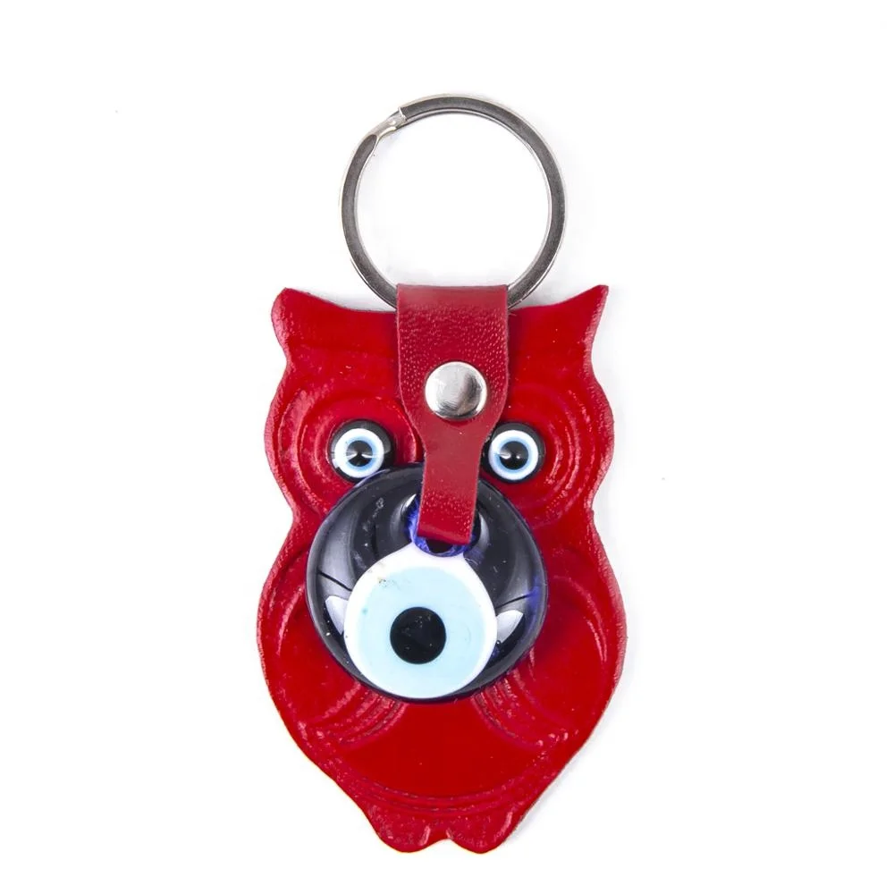 Owl Shaped Evil Eye Beaded Imitation Leather Key Chain From Turkey