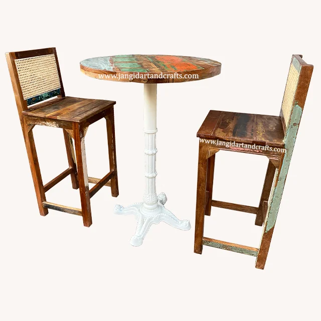 Vintage Industrial Iron Bar Table & Cane Chair Set Round Rustic Indian Solid Wood Style Restaurant Cafe Pub Table Bar Furniture