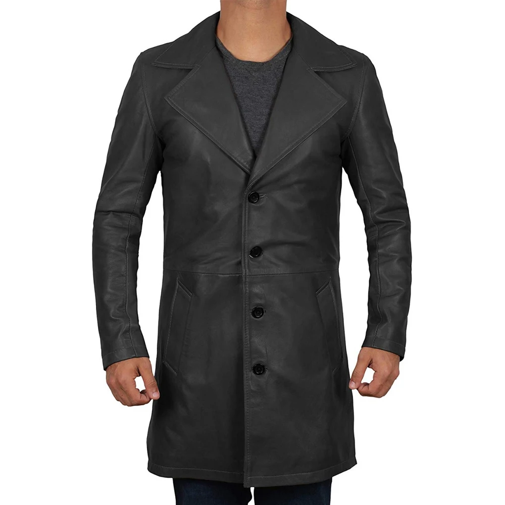 Mens Black Leather Jacket Distressed Leather Trench Coat Hip height Long Coat Three Quarter Long Coat