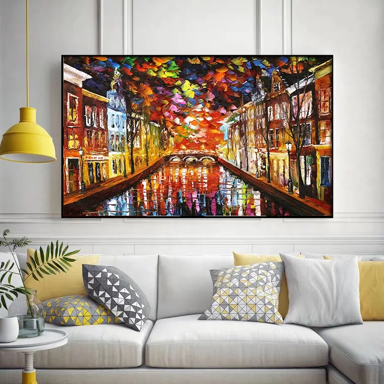 Wholesale Handpainted Painting Landscape Palette Knife oil Painting Beautiful Night Venice Landscape Canvas Wall Painting