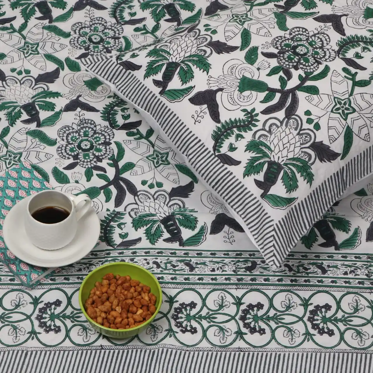Indian Handcrafted Double Bed Sheet Cotton Fabric Hand block Printed Flower Design Bedsheet with Stock