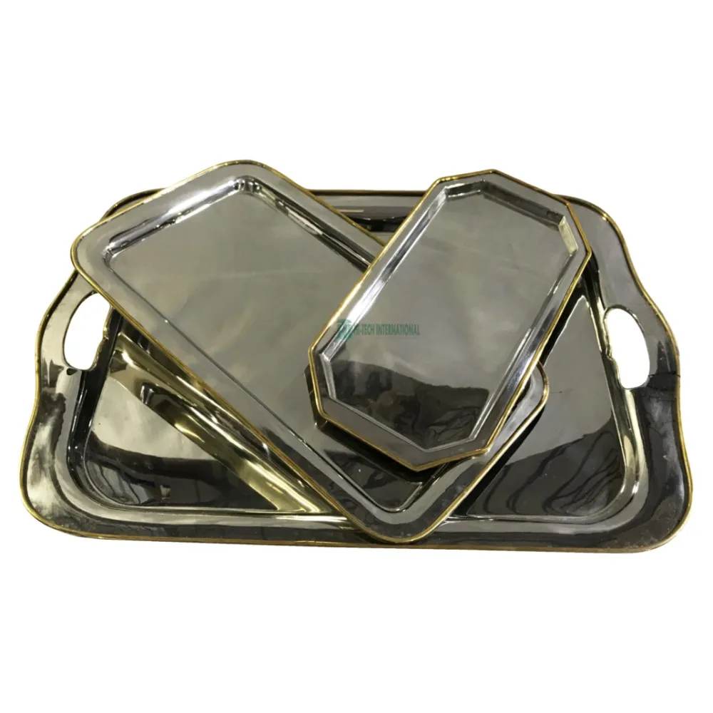 New 2020 Gold Rimmed Metal Trays - Aluminum - Polished - Handmade - Wholesale - Bulk - New - Set of 3 - Rectangle - Elegant