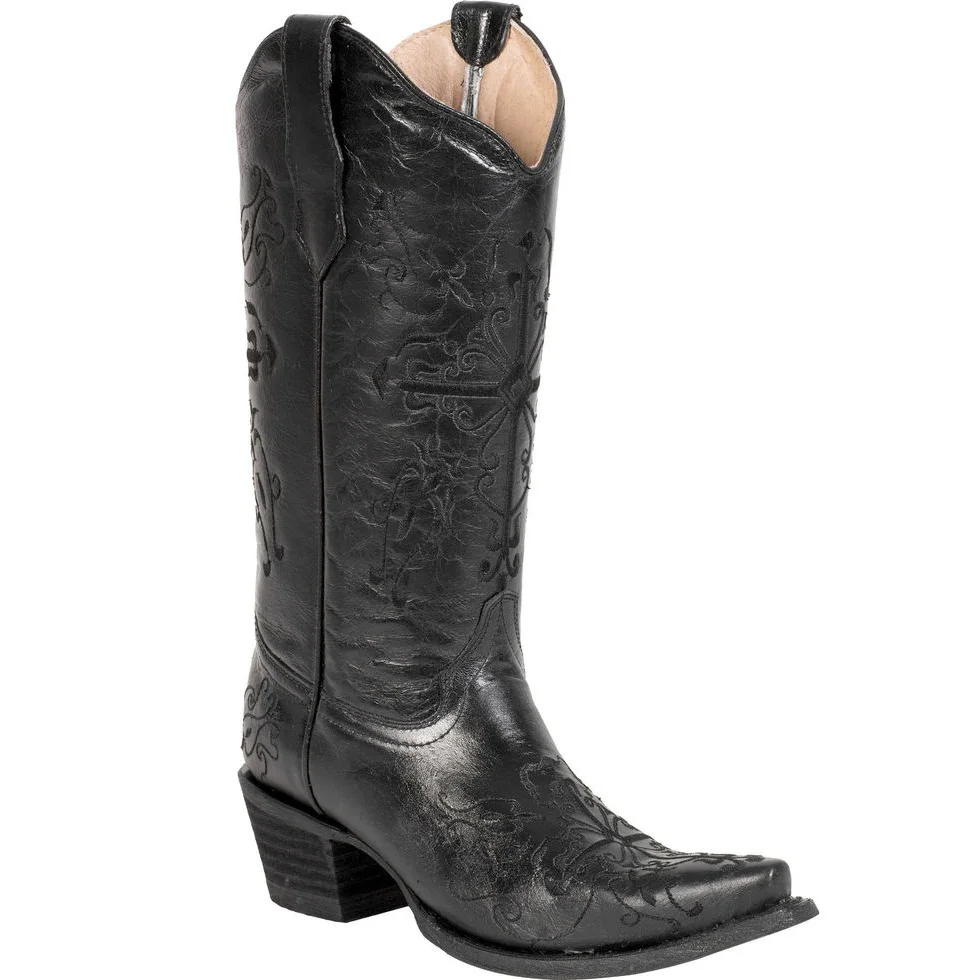 Black Embroidered Cow Girl Boots, Genuine Leather Riding Boots Women