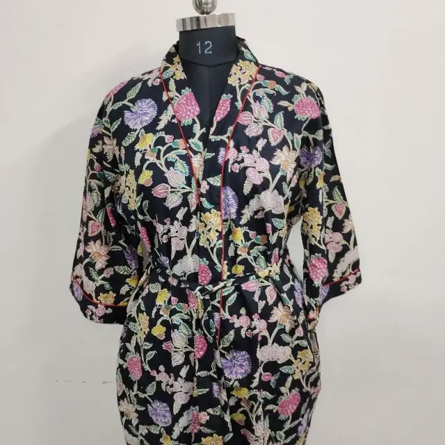 Black Floral Printed Cotton Kimono Sexy Bathrobe Indian Cotton Long Night Suit Summer Wear poncho Maxi Dress