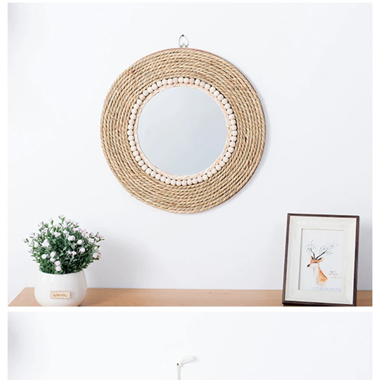 Wooden straw rope decorative mirror hotel  living room wallmirror round makeup mirror stick wall round mirror