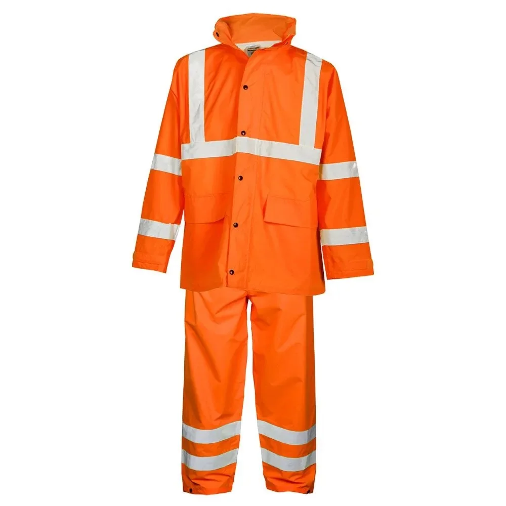 Custom made high quality waterproof rain wear suit hi vis orange mens coat and pants light