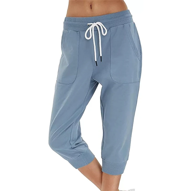  Женские спортивные брюки-Капри укороченные штаны для бега свободные отдыха с завязками на талии и боковыми карманами