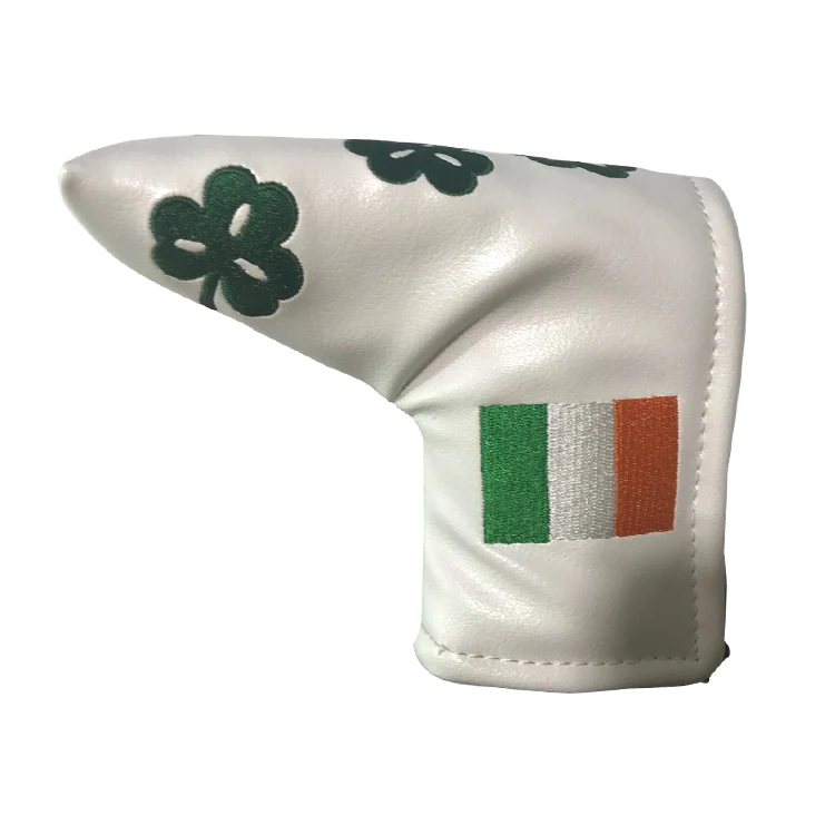 wholesale white pu Green Shamrock stitched golf blade putter club head covers with magnet closure