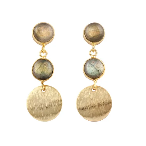 Fiery round shape labradorite gemstone drop dangle earrings brass handmade dis brushed designer earrings