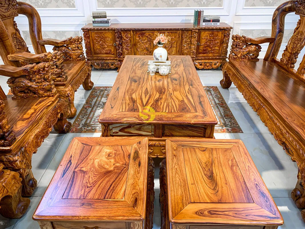 
Rosewood living room furniture set with carved dragons and unicorns 