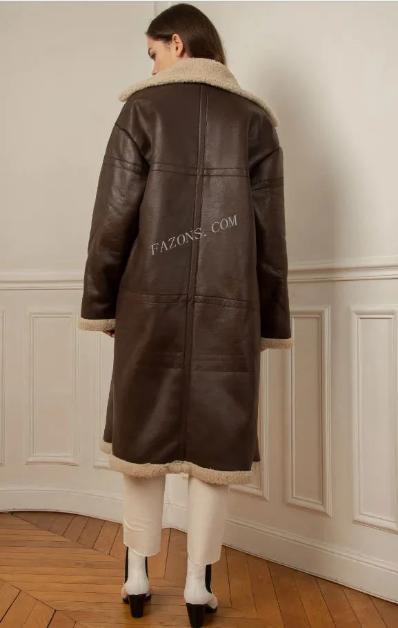 Womens Long Shearling Fur Coat Real Sheepskin Leather Jacket Causal Ladies Over Coat Winter Sherpa Fashion Long Jacket Coat