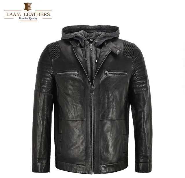  Мужская Черная байкерская кожаная толстовка с капюшоном куртка из 100% оригинальной кожи