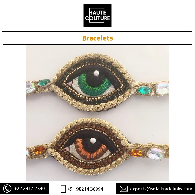 Eye Shape Hand Embroidered Handmade Fashion Jewelry Women Crystals Bracelets with Miyuki Gold Beads at Bulk Price