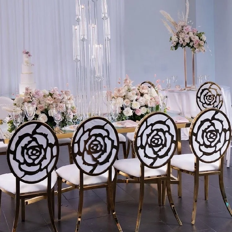 Hotel Hall Rose Pattern Laser Back Wedding Chair Customized Cross Leg Stainless Steel Velvet Banquet Chair