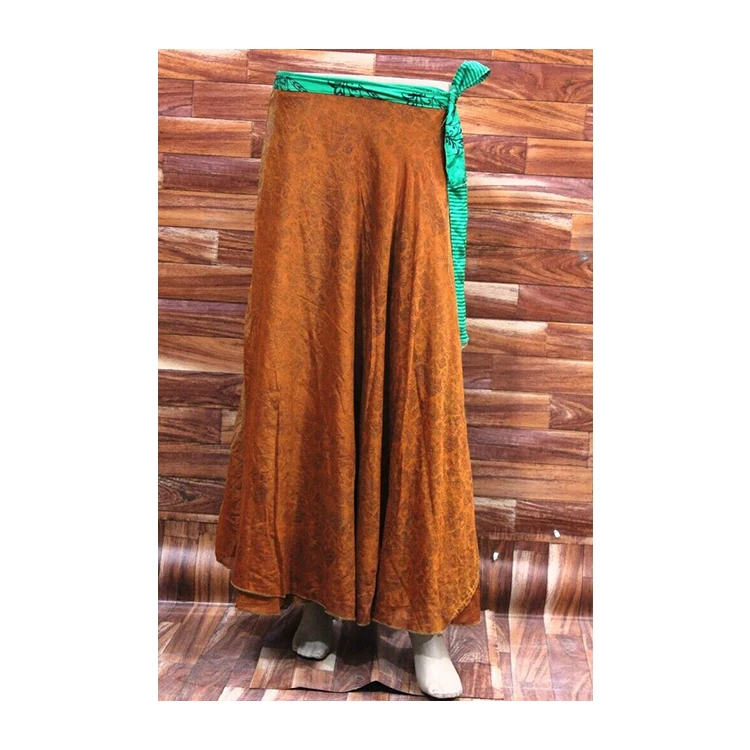 Blue Color Indian Skirt Hippy Long Beach Maxi Wrap Around Silk Sari Skirt Patterned with Elastic Waist for Girls and Women