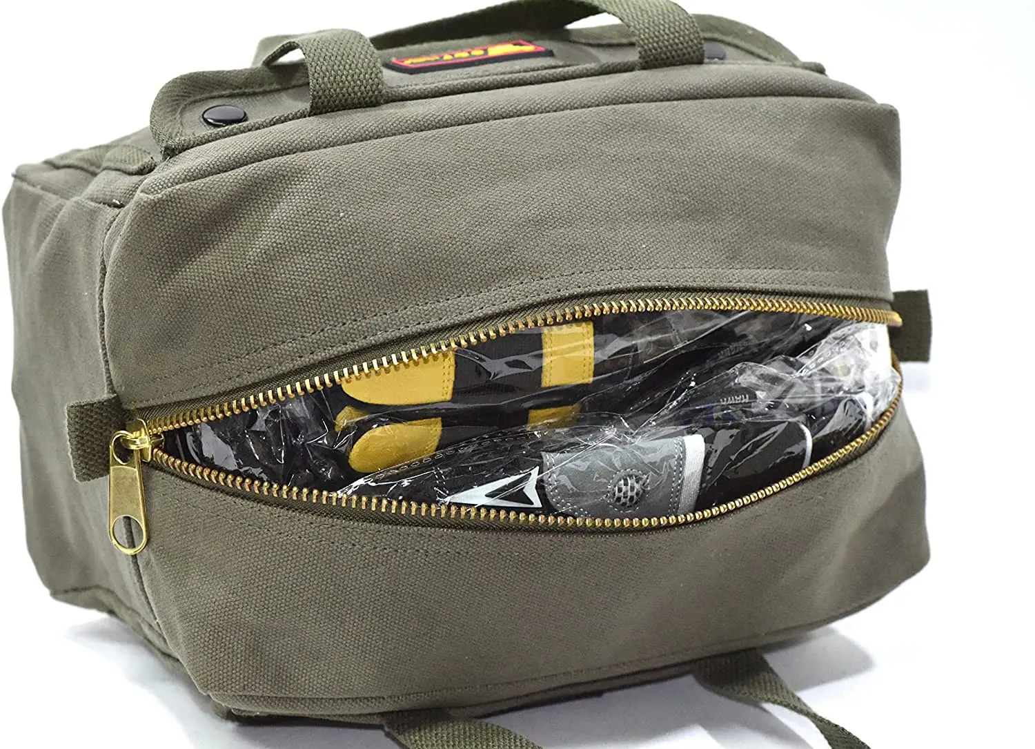 G & F Products 10095OLIVE Government Issued Style Mechanics Heavy Duty Tool Bag with Brass zipper and side pockets, tool bag fo