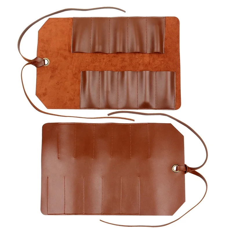 Topgood Waterproof PU Handmade Soft Leather pu Roll bag Tools Bag with 10 Pockets for electrician
