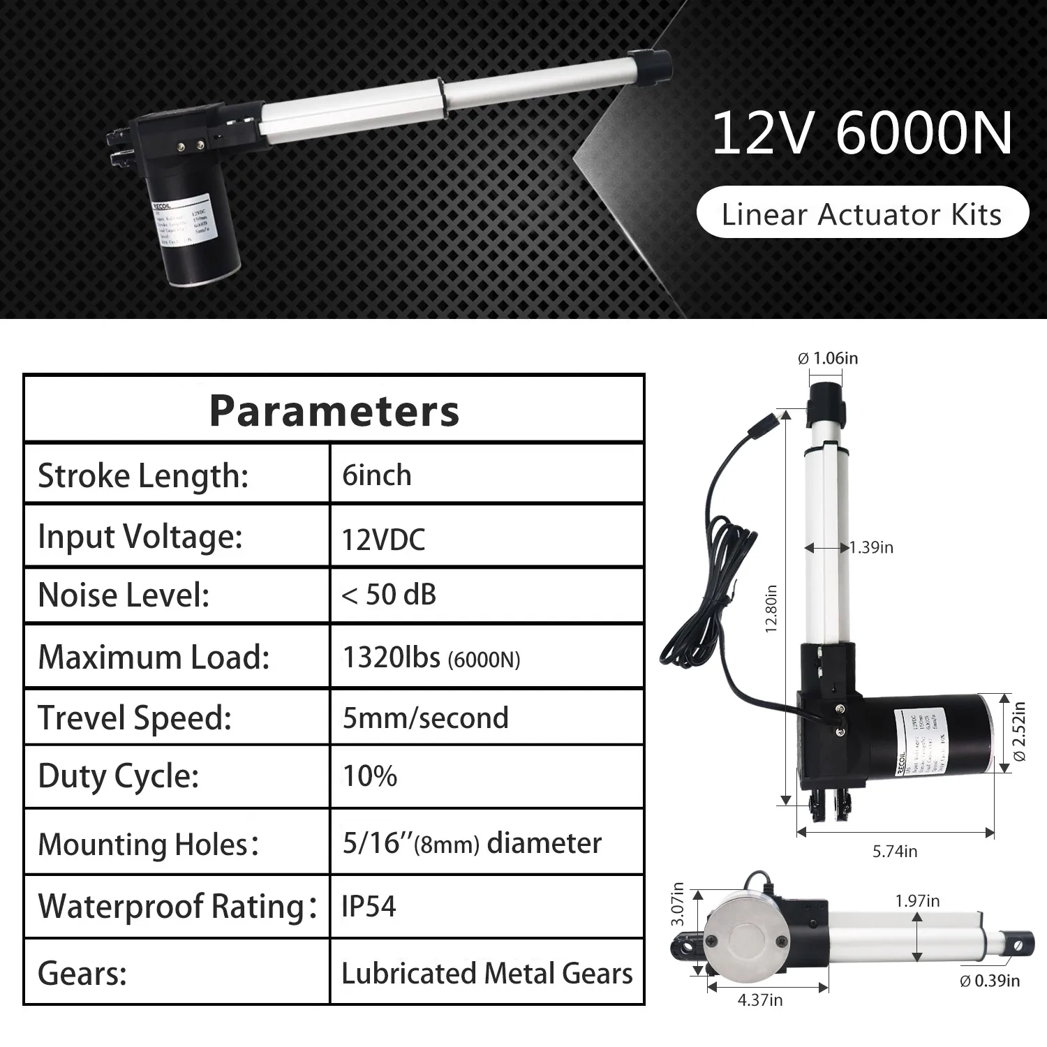 Edge PLA6K Heavy Duty 6000N/1320lbs Linear Actuator 6 Inch DC 12V with Mounting Brackets and Remote Controller Kit