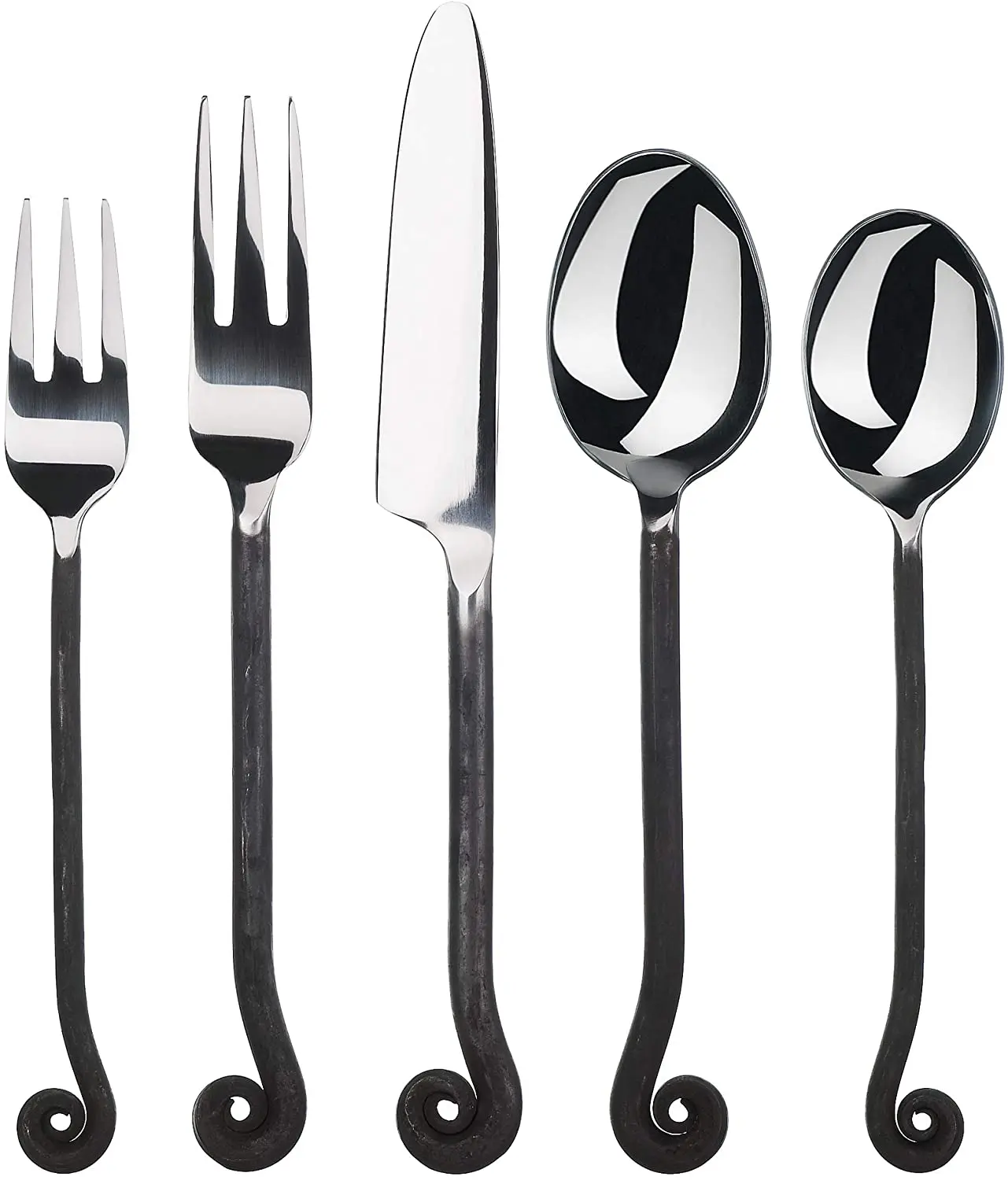 Flatware Collection Black Silverware Set of 5 Pcs Table Spoon, Tea Spoon, Fork, Fruit Fork & Spreader Mirror Gold- BY KSN